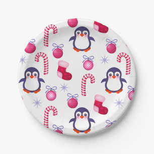 Niedliches Pink & White Weihnachtsmuster mit Pingu Pappteller