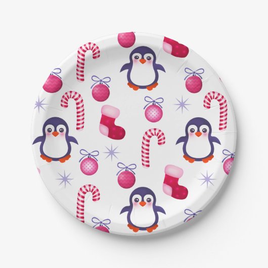 Niedliches Pink & White Weihnachtsmuster mit Pingu Pappteller (Vorderseite)