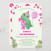 Niedliches pinkfarbenes Mädchen Dinosaurier 1. Geb Einladung (Vorne/Hinten)