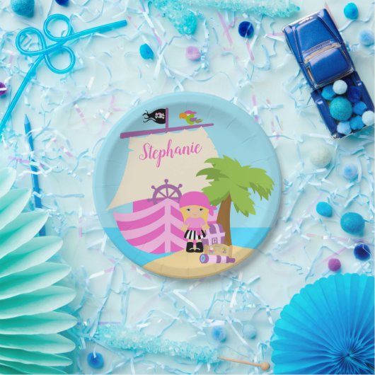 Niedliches Pirate Blonde Girl & A Big Ship Individ Pappteller (Party)