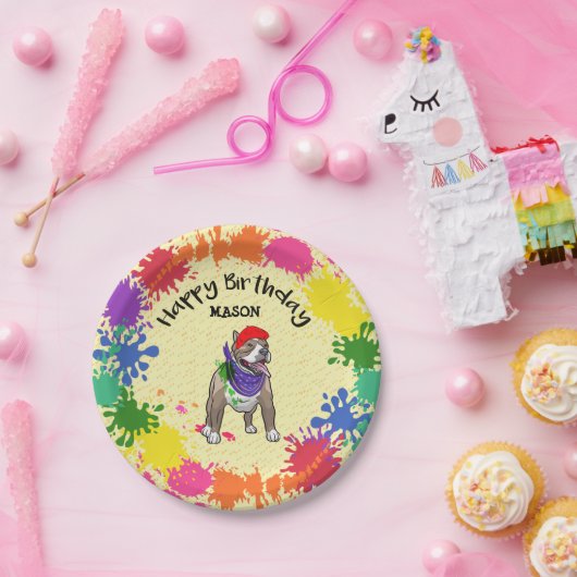 Niedliches Pitbull Dog Fun Paint Splash Party Pappteller (Party)