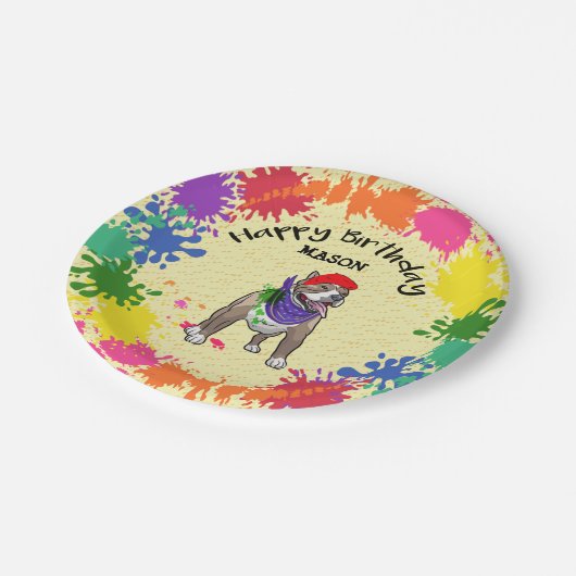 Niedliches Pitbull Dog Fun Paint Splash Party Pappteller (Schrägansicht)