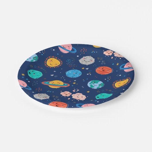 Niedliches Planetenmuster Pappteller (Schrägansicht)