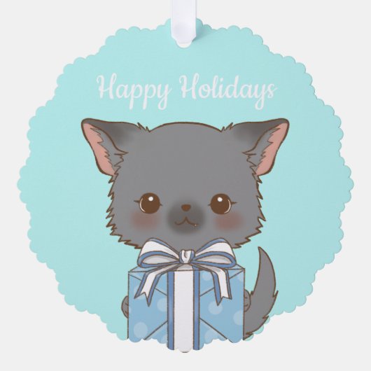 Niedliches Pomchi mit einem Aqua Happy Holiday Ornament Karte (Vorderseite)