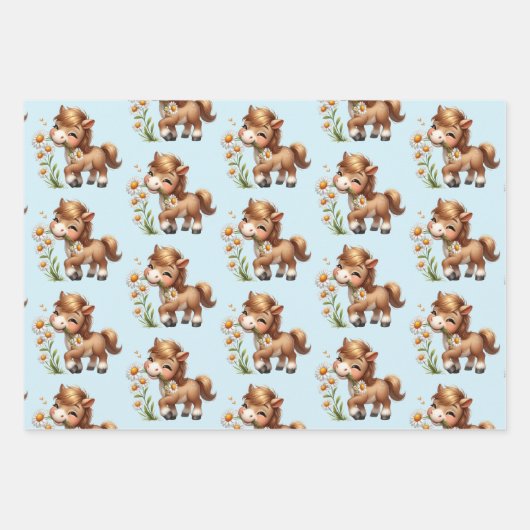 Niedliches Pony Eating Daisies Muster Geschenkpapier Set (Vorderseite 3)