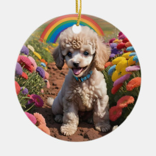 Niedliches Poodle Farbenfrohe Blume und Regenbogen Keramik Ornament