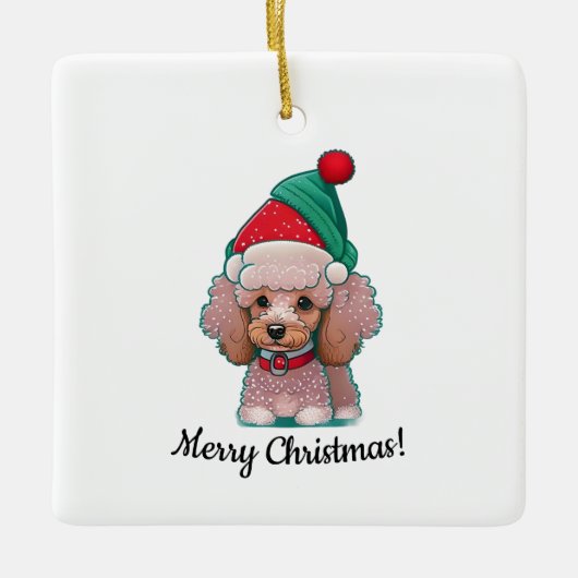 Niedliches Poodle mit Weihnachtshut Keramikornament (Vorderseite)