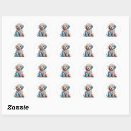 Niedliches Poodle Welpe Wasserfarbe Kunst Runder Aufkleber