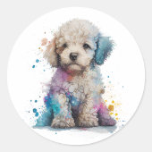 Niedliches Poodle Welpe Wasserfarbe Kunst Runder Aufkleber (Vorderseite)