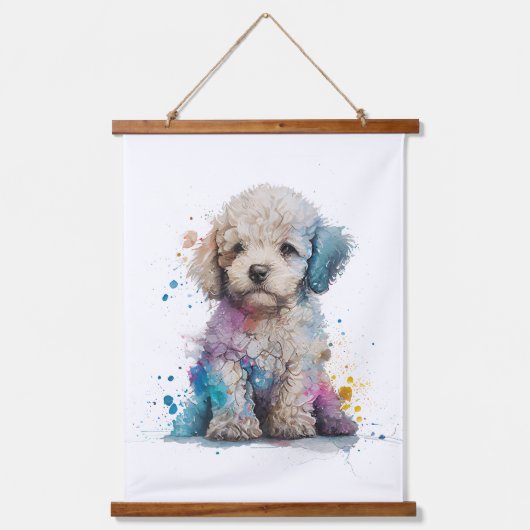 Niedliches Poodle Welpe Wasserfarbe Kunst Wandteppich Mit Holzrahmen (Vorderseite)