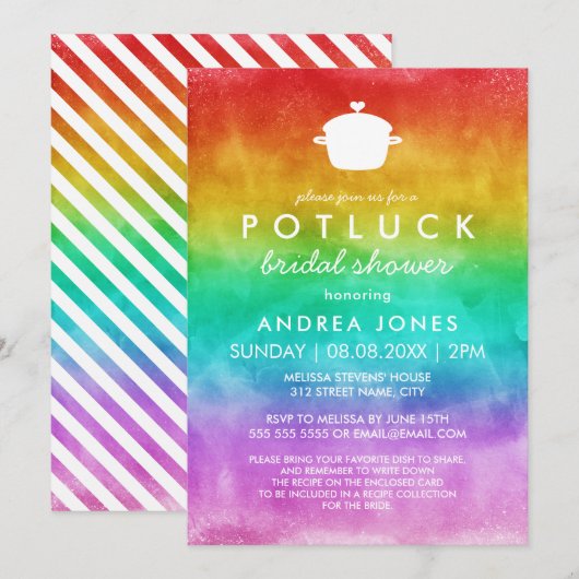 Niedliches Potluck Lesbisches Brautparty| Rainbow  Einladung (Vorne/Hinten)