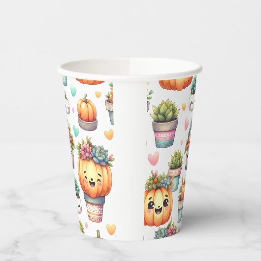 Niedliches Pumpkin-Sukkulent-Plantermuster Pappbecher (Links)