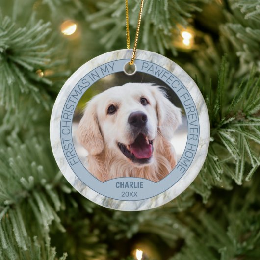 Niedliches Puppy-Foto auf schick graublauem Marmor Keramik Ornament (Baum)