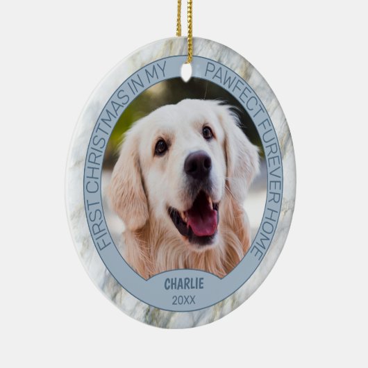 Niedliches Puppy-Foto auf schick graublauem Marmor Keramik Ornament (Rechts)