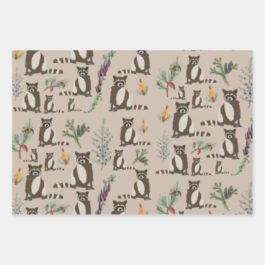 Niedliches Raccoon im Pinienwaldmuster Geschenkpapier Set (Vorderseite 3)