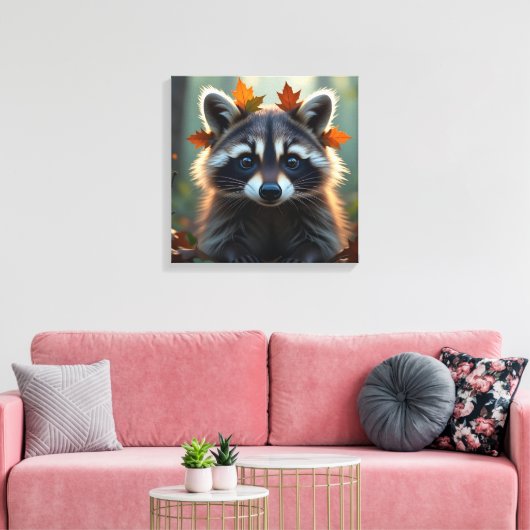 Niedliches Raccoon in Herbstlauben Leinwanddruck (Insitu (Wohnzimmer))