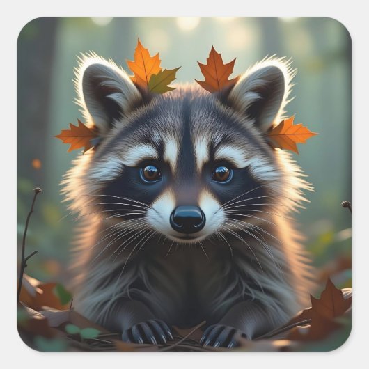 Niedliches Raccoon in Herbstlauben Quadratischer Aufkleber (Vorderseite)