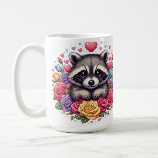 Niedliches Raccoon mit farbenfrohen Blume und Herz Kaffeetasse (Links)