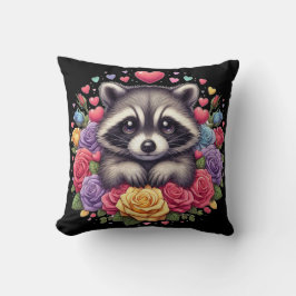 Niedliches Raccoon mit farbenfrohen Blume und Herz Kissen
