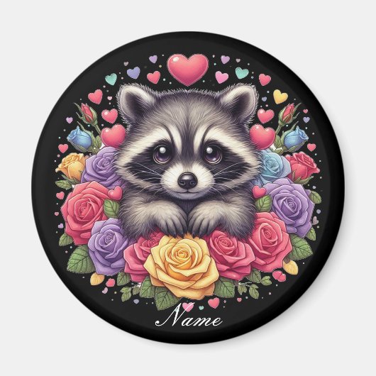 Niedliches Raccoon mit farbenfrohen Blume und Herz Magnet (Vorne)