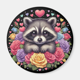 Niedliches Raccoon mit farbenfrohen Blume und Herz Magnet