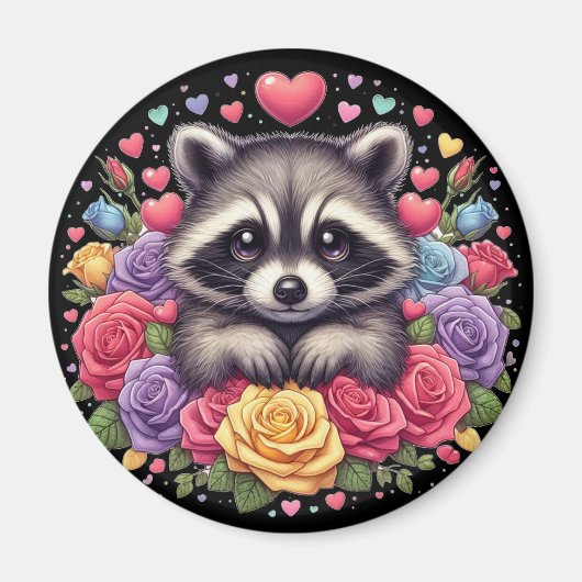 Niedliches Raccoon mit farbenfrohen Blume und Herz Magnet (Vorne)