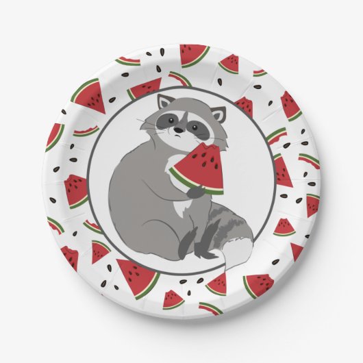 Niedliches Raccoon mit Wassermelonen Stücken Pappteller (Vorderseite)