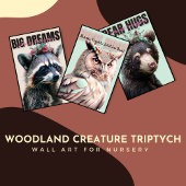 Niedliches Raccoon-, Owl- und Bärentriptychon-Kind Bilderwand Sets