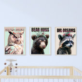 Niedliches Raccoon-, Owl- und Bärentriptychon-Kind Bilderwand Sets