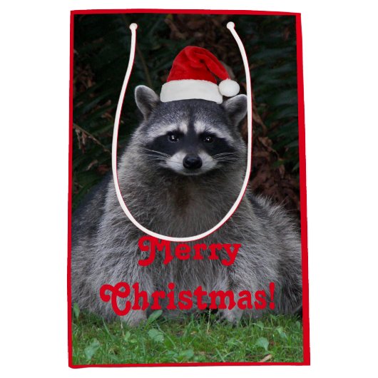 Niedliches Raccoon Rote Weihnachtsmannmütze Urlaub Mittlere Geschenktüte (Vorderseite)