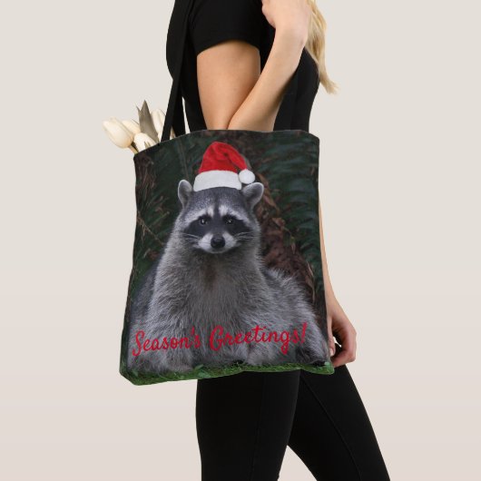Niedliches Raccoon Rote Weihnachtsmannmütze Urlaub Tasche (Von Nahem)