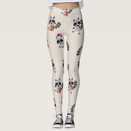 Niedliches Raccoon Weihnachtsmuster Leggings (Vorderseite)