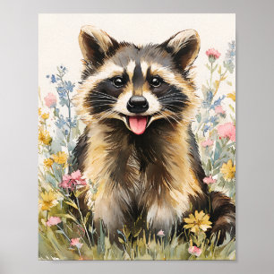 Niedliches Racoon in Wildblumen - Wasserfarben Tie Poster