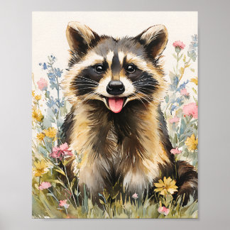 Niedliches Racoon in Wildblumen - Wasserfarben Tie Poster