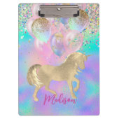 Niedliches Rainbow-Einhorn-Glitzer-Ballons Monogra Klemmbrett (Vorderseite)