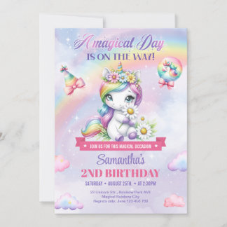 Niedliches Rainbow-Einhorn mit Blume 2. Geburtstag Einladung