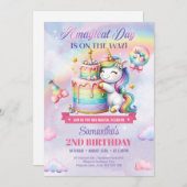 Niedliches Rainbow-Einhorn und Kuchenmädchen am zw Einladung (Vorne/Hinten)