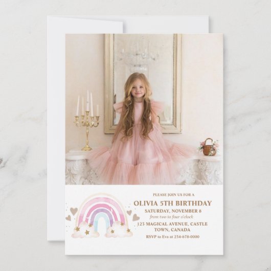 Niedliches Rainbow Foto Girly 5th Birthday Kids Fo Einladung (Vorderseite)