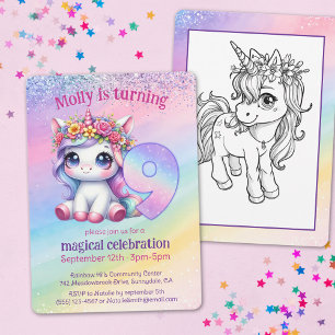 Niedliches Rainbow Unicorn 9. magischer Geburtstag Einladung