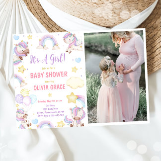 Niedliches Rainbow Unicorn Girl Baby Duschbad Foto Einladung