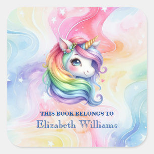 Niedliches Rainbow Unicorn Individuelle Name Buchz Quadratischer Aufkleber