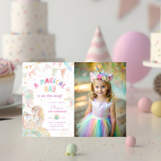 Niedliches Rainbow Unicorn Magisches Birthday-Foto Einladung