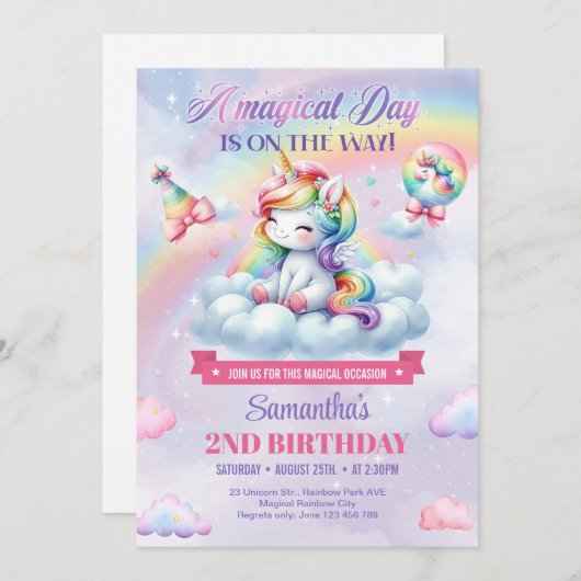 Niedliches Rainbow Unicoron auf einer Wolke Mädche Einladung (Vorne/Hinten)