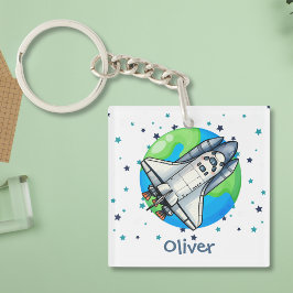 Niedliches Raumschiff um die Erde Schlüsselanhänger