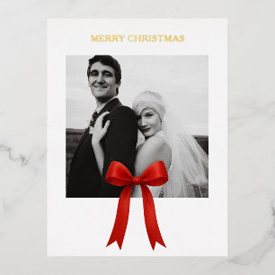 Niedliches Red Bow Foto Frohe Weihnachten Folien Feiertagspostkarte