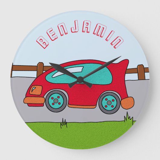 Niedliches Red Car Road Boy Name Kinderzimmer Große Wanduhr (Vorderseite)