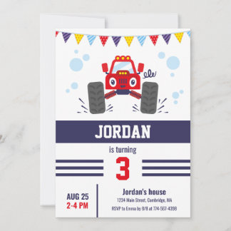 Niedliches Red Monster Truck Kindergeburtstag Part Einladung