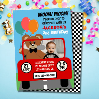 Niedliches Red Race Car Kindergeburtstag Foto Einladung