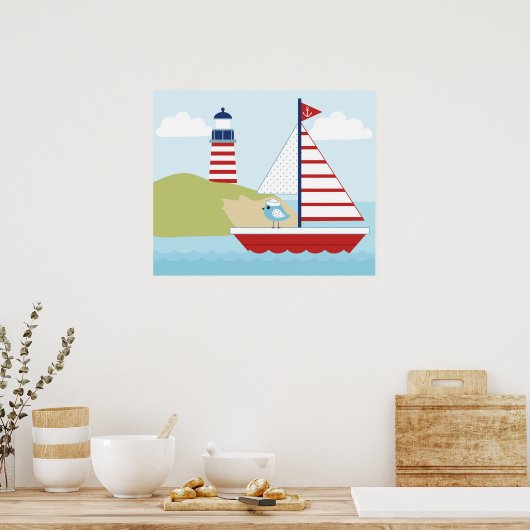 Niedliches Red Sail Boat und Leuchtturm Poster (Küche)