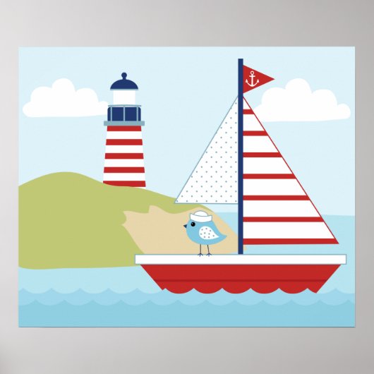 Niedliches Red Sail Boat und Leuchtturm Poster (Vorne)